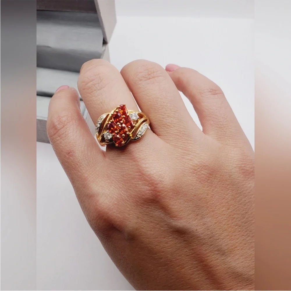 Genuine Mandarin Spessartite Orange Garnet Yellow Gold Tone / 925 Silver Ring
